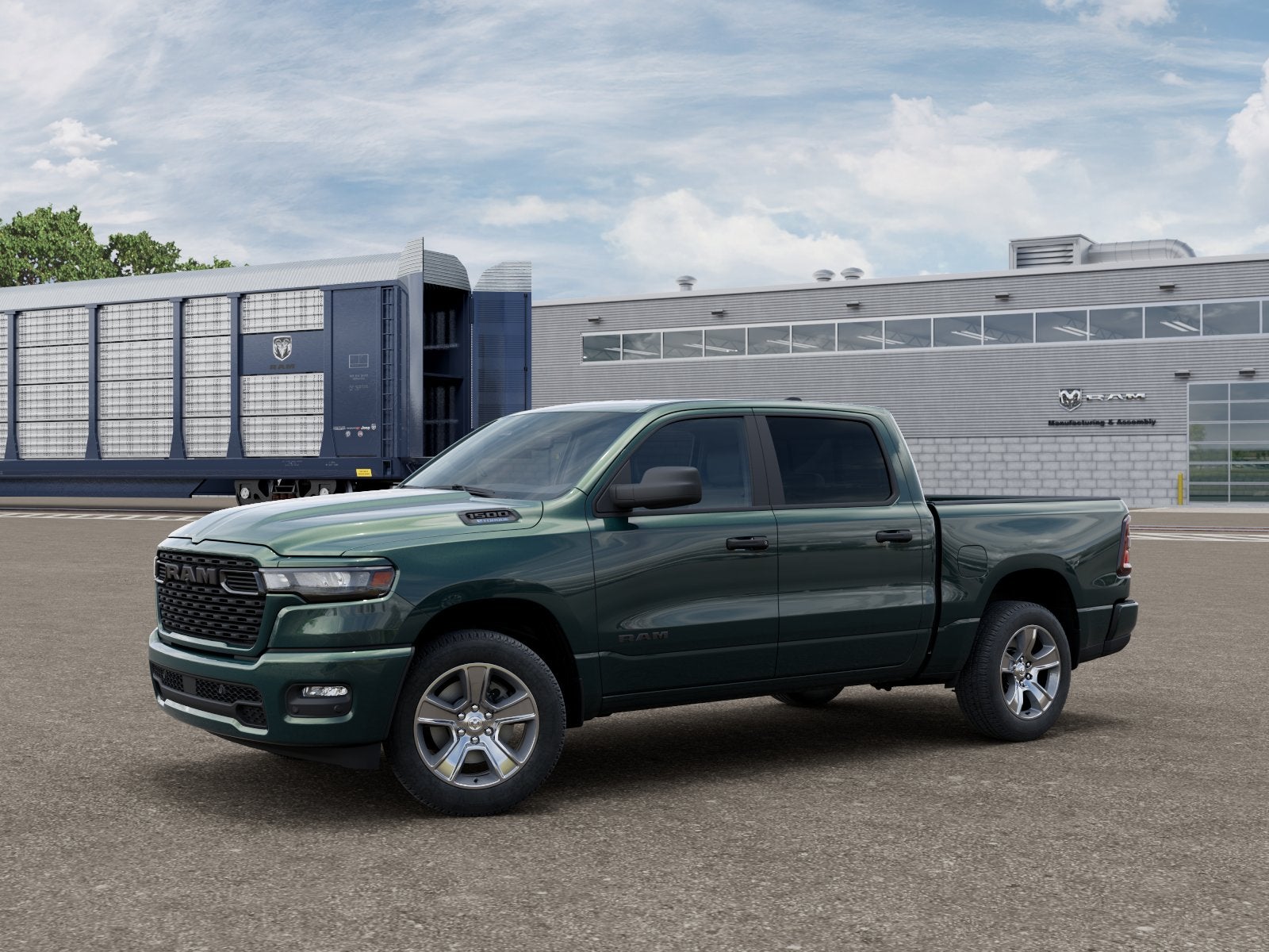 2026 RAM Ram 1500 RAM 1500 EXPRESS CREW CAB 4X4 5'7' BOX in Serrano-Green Metallic Exterior Paint — front three-quarter view
