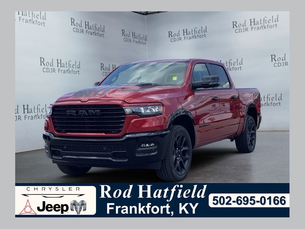 2026 RAM Ram 1500 RAM 1500 LARAMIE CREW CAB 4X4 5'7' BOX in Molten Red Pearl-Coat Exterior Paint — front three-quarter view