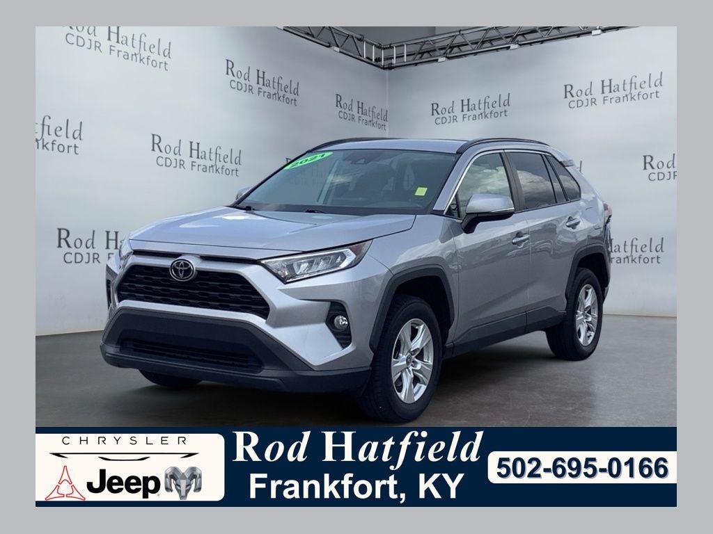 2021 Toyota RAV4 XLE in Silver Sky Metallic — front three-quarter view